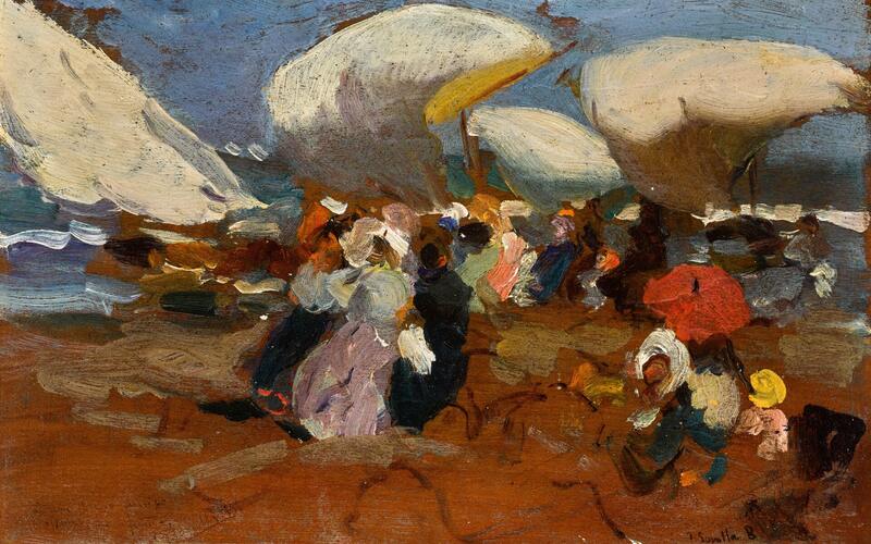Schilderij van Joaquín Sorolla van een strand bij Valencia met zeilboten en parasols