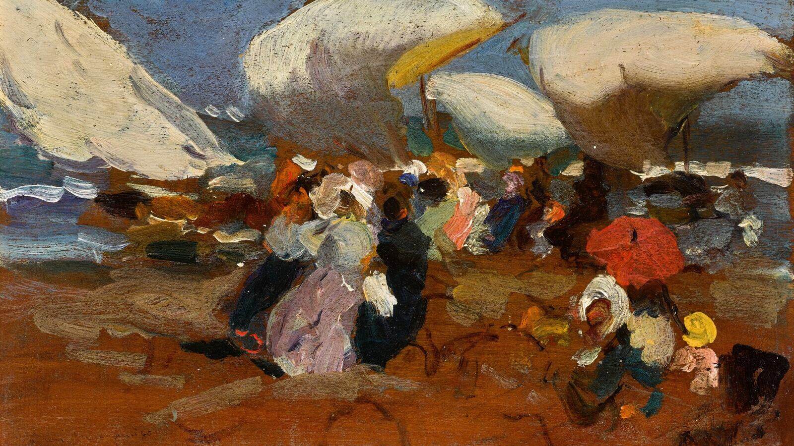 Schilderij van Joaquín Sorolla van een strand bij Valencia met zeilboten en parasols